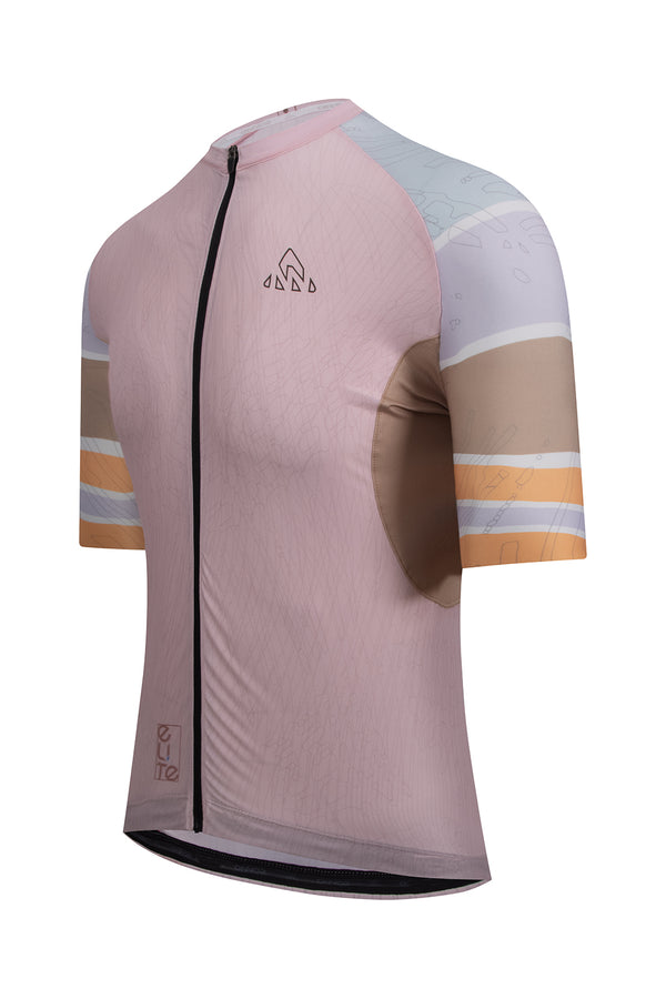  buy cycling jersey short sleeve | lightweight and breathable bike jerseys  miami -  Detailed image of the ONNOR logo on the Men's Njord Elite Cycling Jersey Short Sleeve in light pink/light brown. Demonstrates the brand's commitment to quality and high-performance cycling wear.