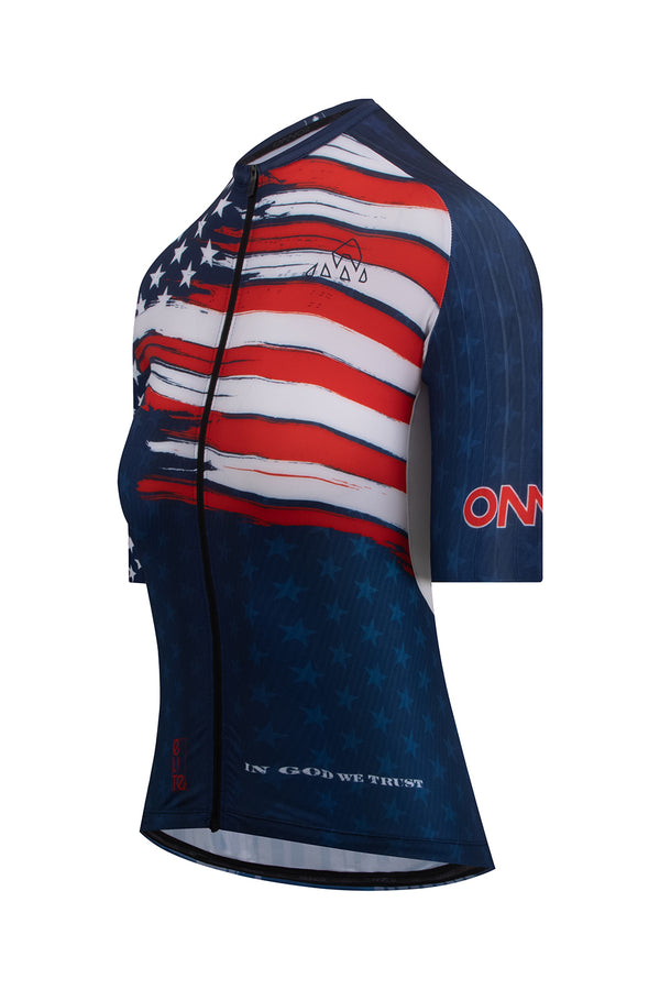  best cycling jerseys shortlong sleeve women -  Close-up image of the ONNOR logo on the Women's American Pride 2023 Elite Cycling Jersey Short Sleeve in blue and red, designed with the United States flag. This photo represents ONNOR's unwavering commitment to providing performance-oriented, fashionable cycling gear that exudes comfort, style, and a sense of national unity.