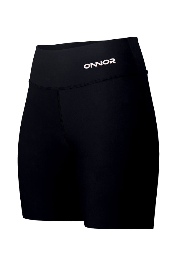  buy running fitness apparel  miami -  Diagonal front-side view of women's black shorts with a zipper pocket on the top back. This perspective showcases the shorts' chic design, blending both front and side views.