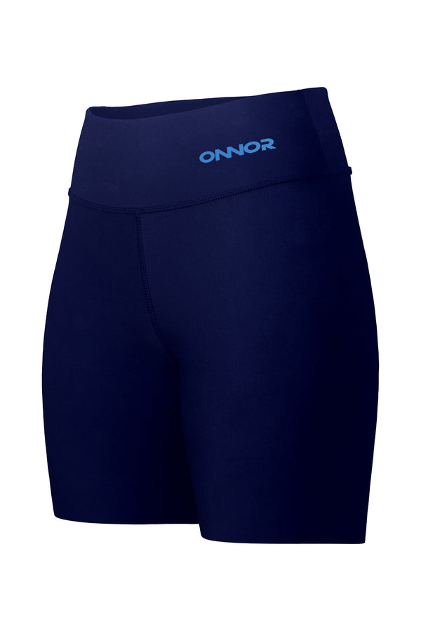  running fitness apparel women sale -  Diagonal front-side view of women's blue shorts with a zipper pocket on the top back. This angle showcases both the front and the side aspects of the shorts, highlighting their stylish cut.