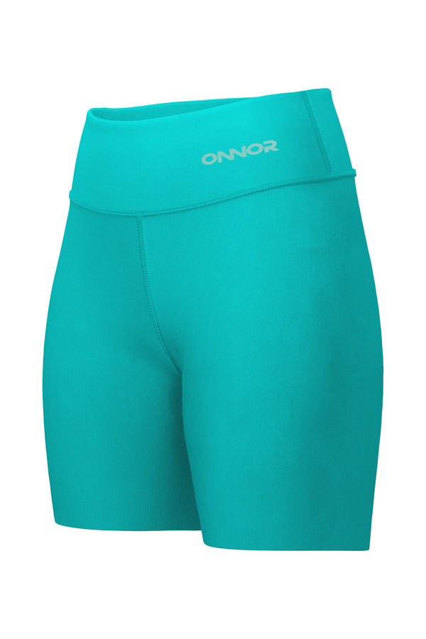  buy running / fitness shorts  miami -  Semi-side front view of women's green shorts with a zipper pocket on the top back. This angle provides a glimpse of both the front and side profiles of the shorts