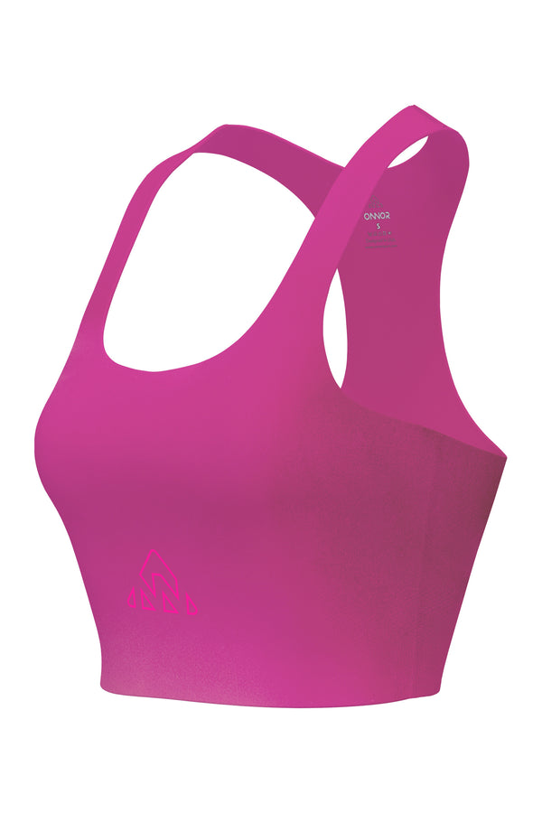  best running sport bra | running apparel women -  Semi-angled view of a neon pink women's fitness top, accented with dark pink logos, presented on a white background to highlight the side seam.