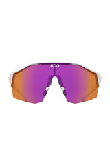 Sunglasses with a purple lens and orange frame on a white background