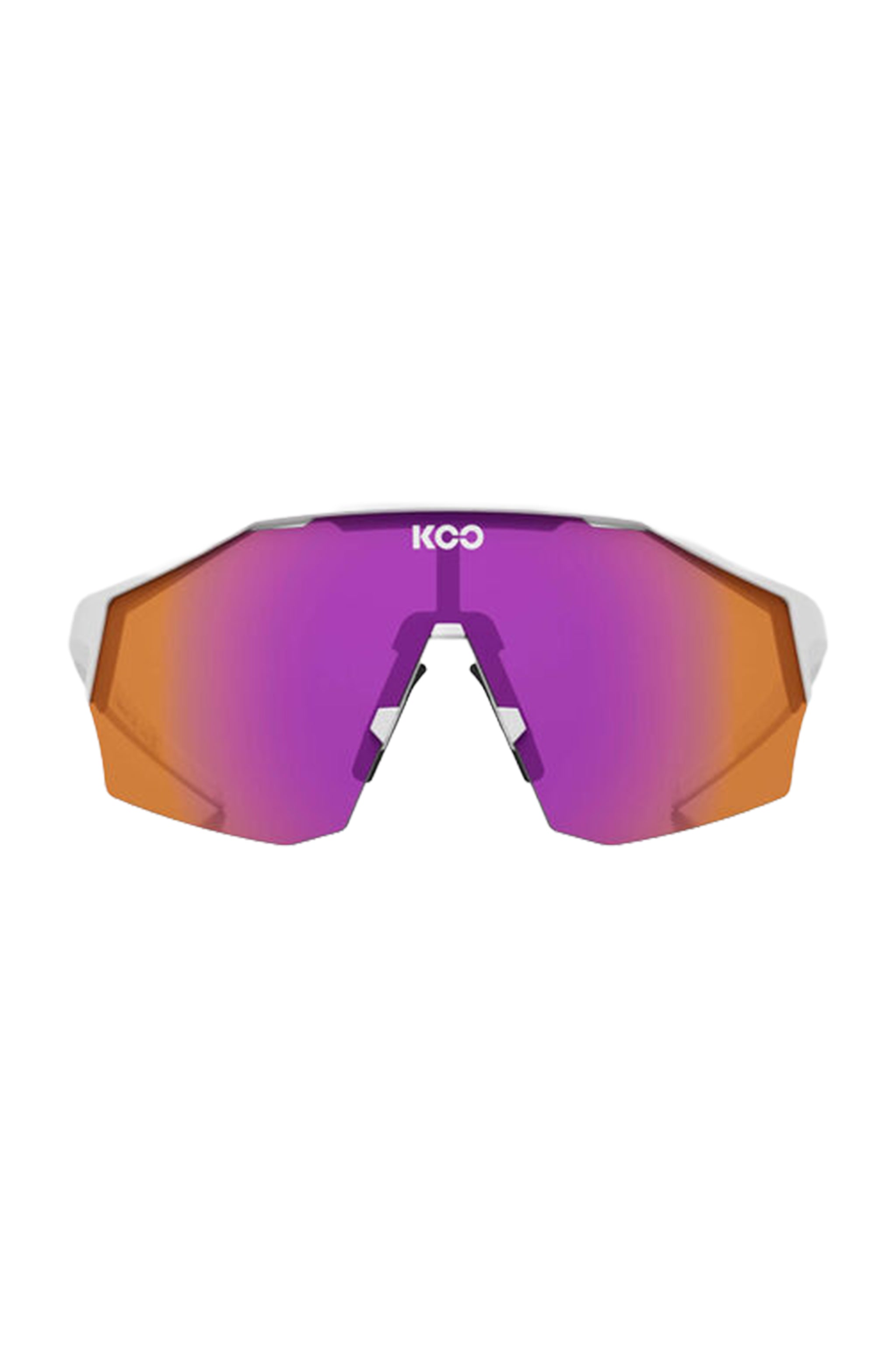 Sunglasses with a purple lens and orange frame on a white background