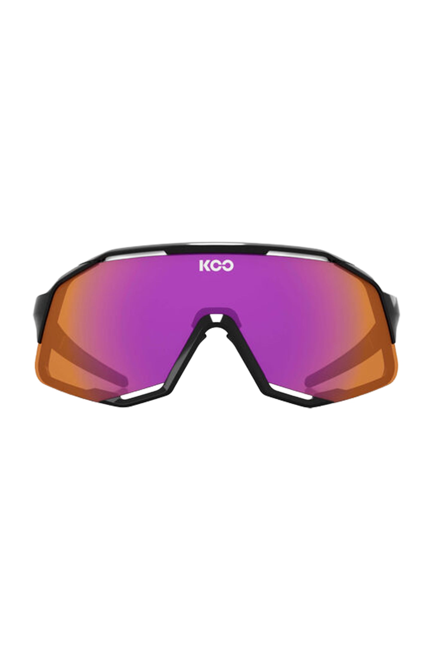 Sunglasses with a reflective purple lens and black frame on a white background