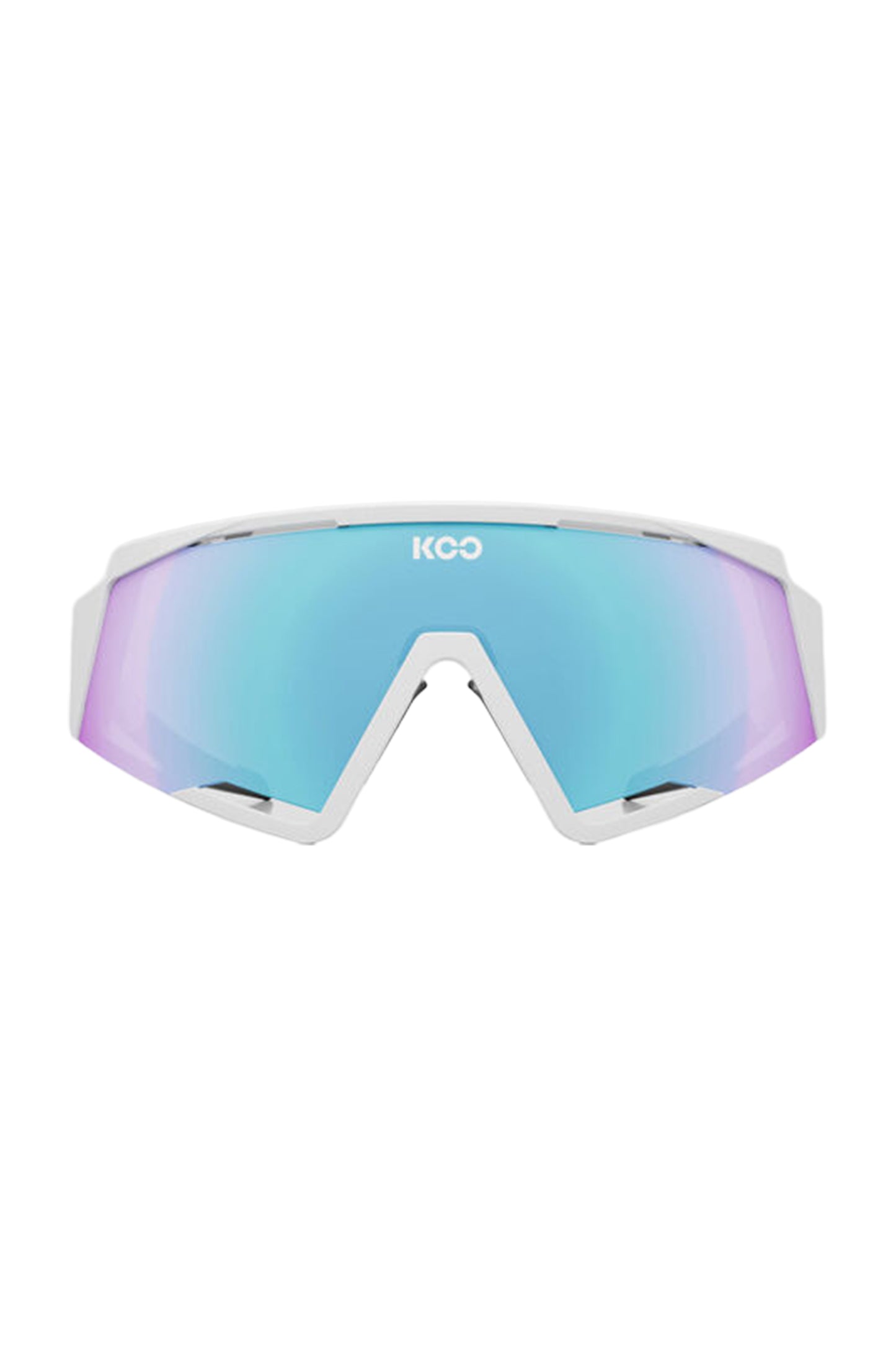 Goggles with a reflective purple lens on a white background