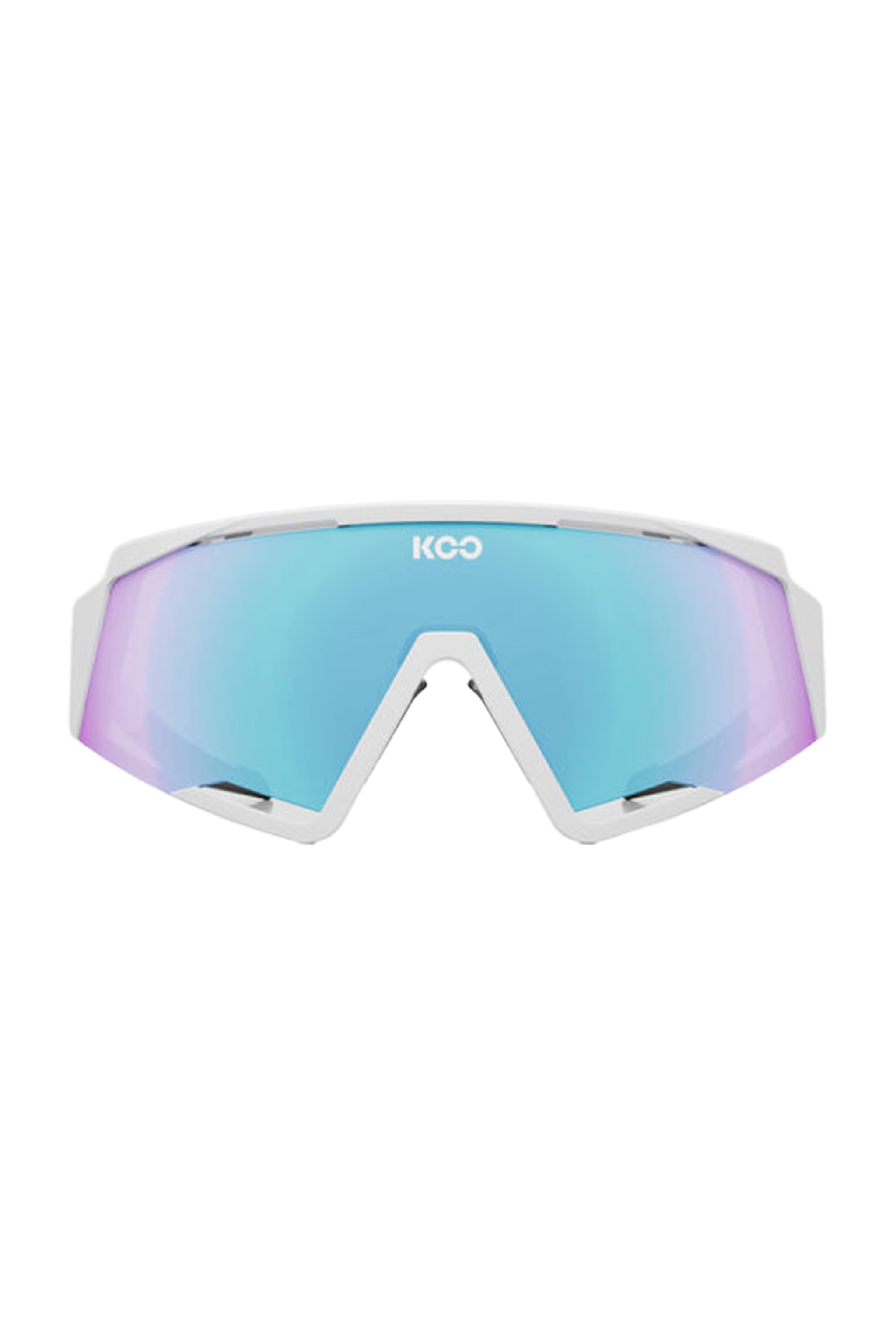 Goggles with a reflective purple lens on a white background