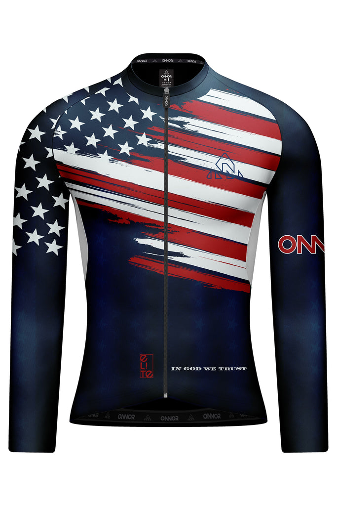 Women's Elite Cycling Jersey Long Sleeve - USA Flag - Blue Red - women's blue / red jerseys long sleeve - Women's American Pride Elite Cycling Jersey Long Sleeve