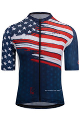 Front view of the Men's American Pride 2023 Elite Cycling Jersey Short Sleeve in blue and red, embellished with the United States flag, by ONNOR. The picture represents the jersey's striking design and the brand's dedication to exceptional quality, illustrating the blend of state-of-the-art technology and unique patriotic style in a distinct cycling jersey.