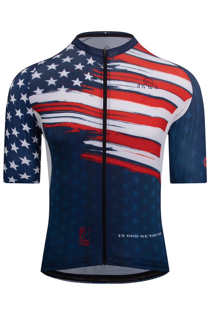 Men's Elite Cycling Jersey Short Sleeve - USA Flag - Blue Red - men's blue / red jerseys short sleeve - Front view of the Men's American Pride 2023 Elite Cycling Jersey Short Sleeve in blue and red, embellished with the United States flag, by ONNOR. The picture represents the jersey's striking design and the brand's dedication to exceptional quality, illustrating the blend of state-of-the-art technology and unique patriotic style in a distinct cycling jersey.