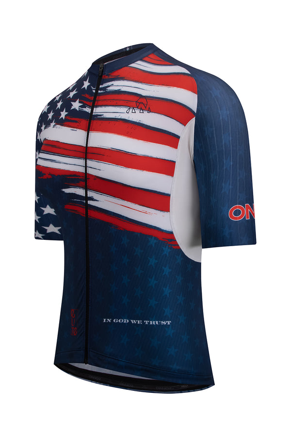  best cycling apparel /men -  Close-up image of the ONNOR logo on the Men's American Pride 2023 Elite Cycling Jersey Short Sleeve in blue and red, graced with the United States flag. The picture denotes ONNOR's steadfast commitment to providing superior, performance-driven cycling gear that combines comfort, style, and a proud display of national identity.