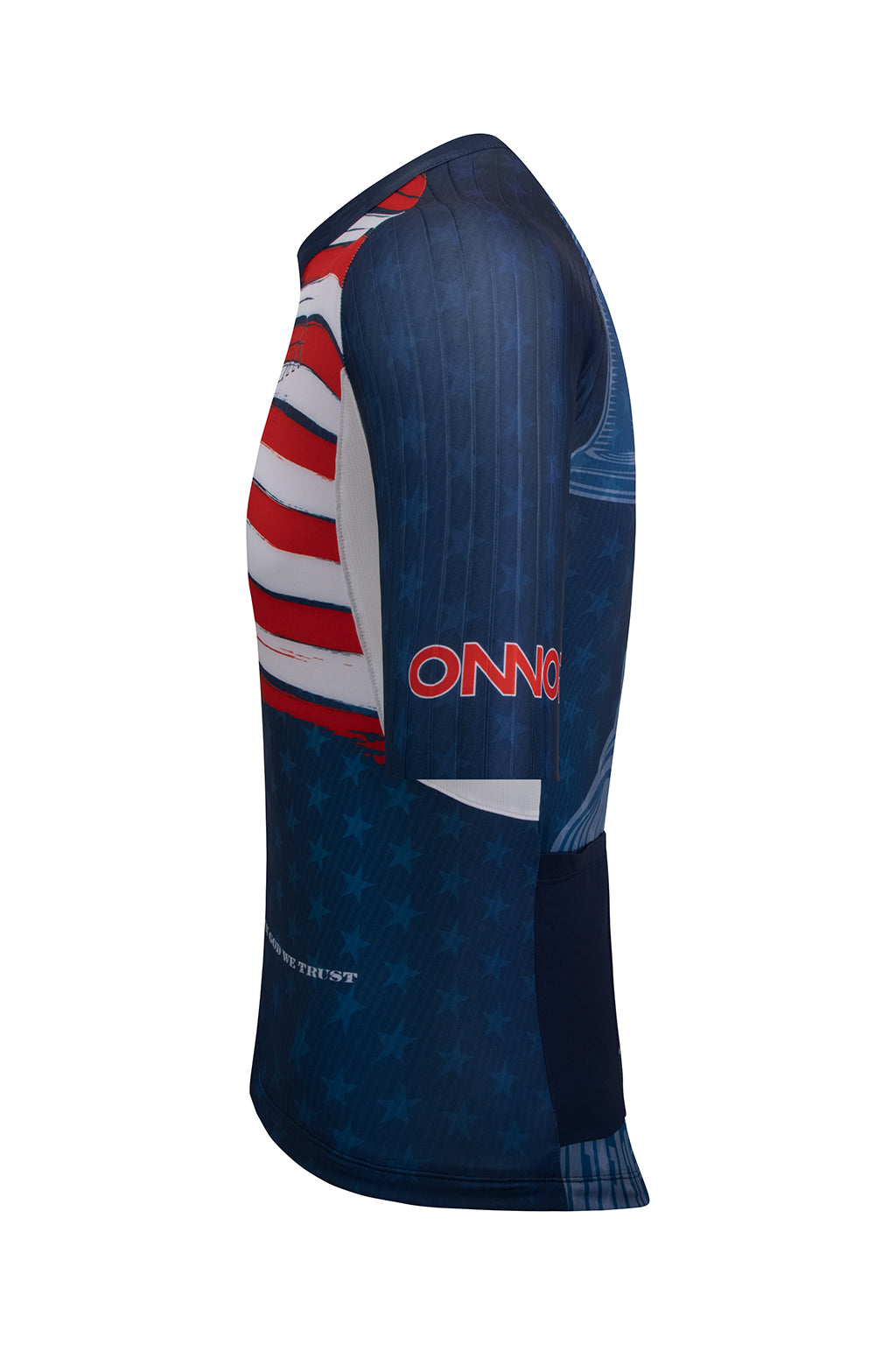 Side view of the blue and red Men's American Pride 2023 Elite Cycling Jersey Short Sleeve from ONNOR, adorned with the United States flag. This image illuminates the jersey's streamlined silhouette and advanced design that encapsulates cutting-edge technology, fashion aesthetics, and an unabating sense of national pride."