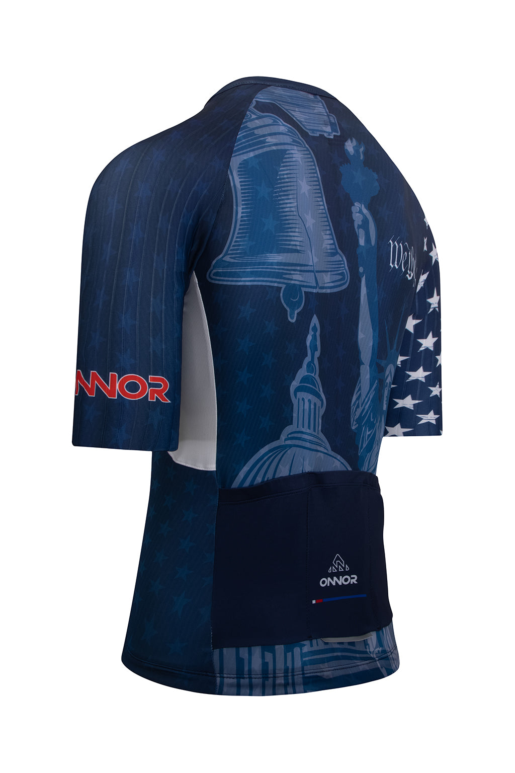 High-definition picture of the blue and red Men's American Pride 2023 Elite Cycling Jersey Short Sleeve by ONNOR, imprinted with the United States flag. The image unveils ONNOR's approach to integrating bold color schemes, superior quality, and national symbolism into their cycling gear, presenting a striking blend of style and quality.