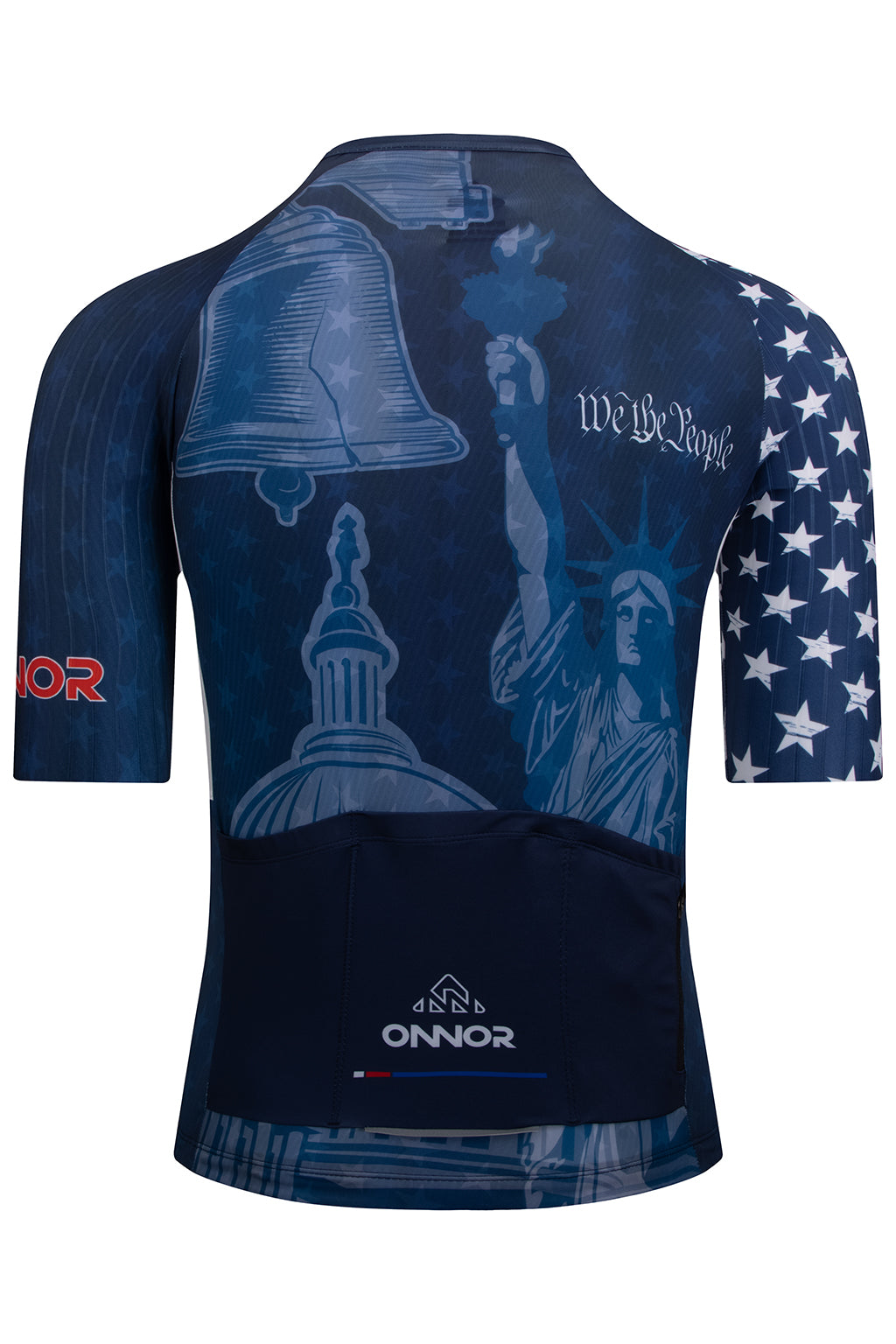 Rear view of the Men's American Pride 2023 Elite Cycling Jersey Short Sleeve by ONNOR in blue and red, showcasing the United States flag. This image accentuates the practical rear pockets and safety-enhancing reflective features, highlighting ONNOR's commitment to combining convenience, safety, and the spirit of American pride in their advanced cycling gear.