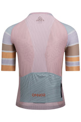 Back view of the light pink/light brown Men's Njord Elite Cycling Jersey Short Sleeve by ONNOR. Highlights the jersey's functional rear pockets and reflective detailing for enhanced safety and convenience.