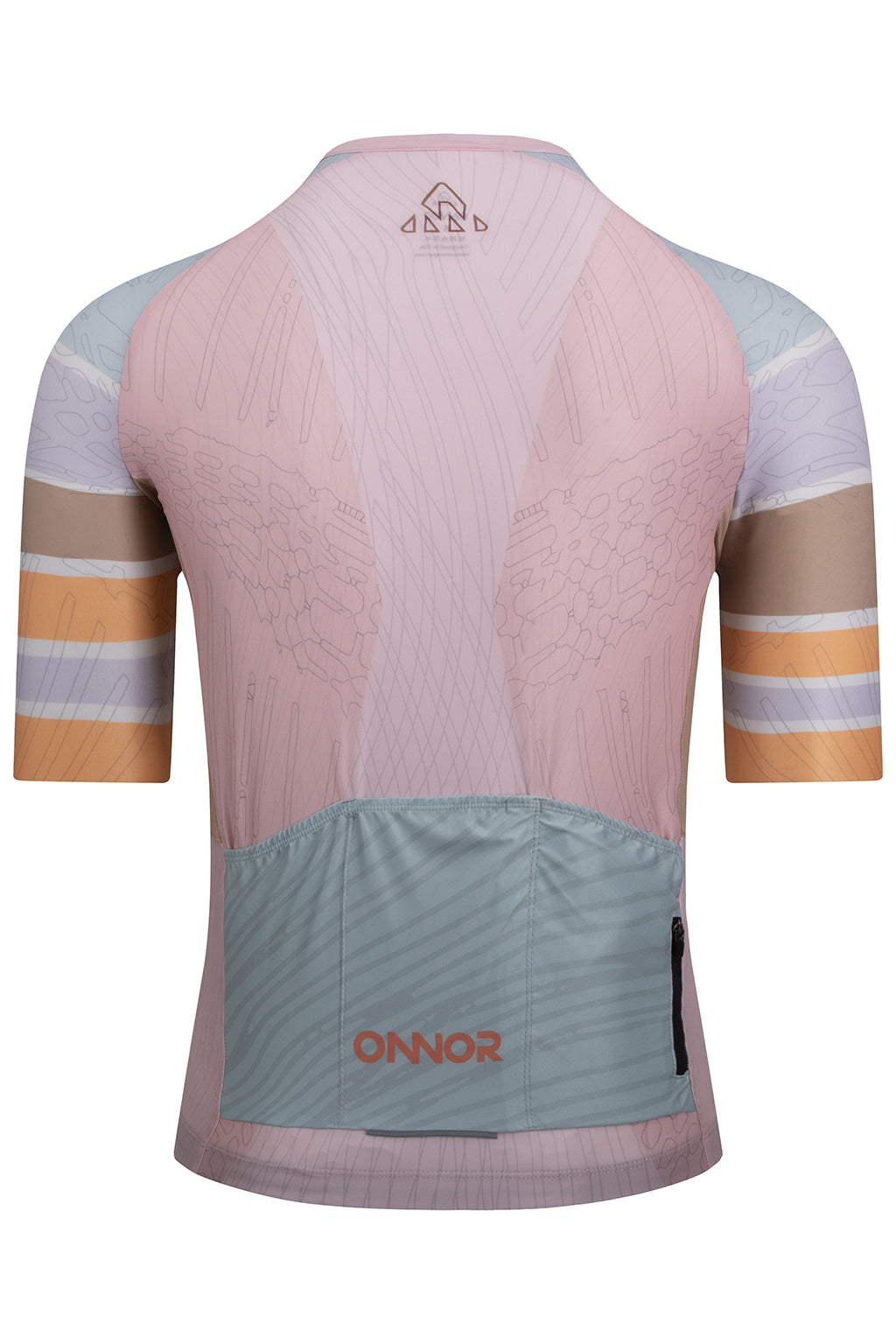 Back view of the light pink/light brown Men's Njord Elite Cycling Jersey Short Sleeve by ONNOR. Highlights the jersey's functional rear pockets and reflective detailing for enhanced safety and convenience.
