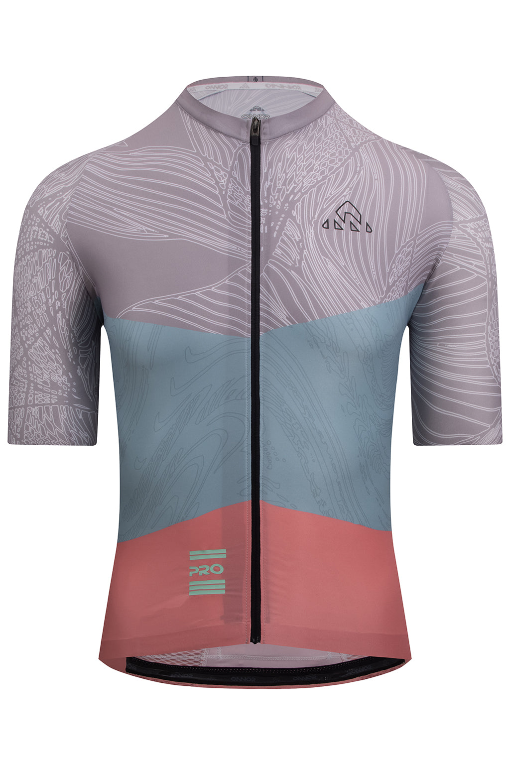 Front view of the Men's Nut Pro Cycling Jersey Short Sleeve in light brown and salmon colors by ONNOR. This image presents the jersey's cutting-edge design and the brand's unwavering commitment to top-tier quality, aimed to maximize cycling performance and style.