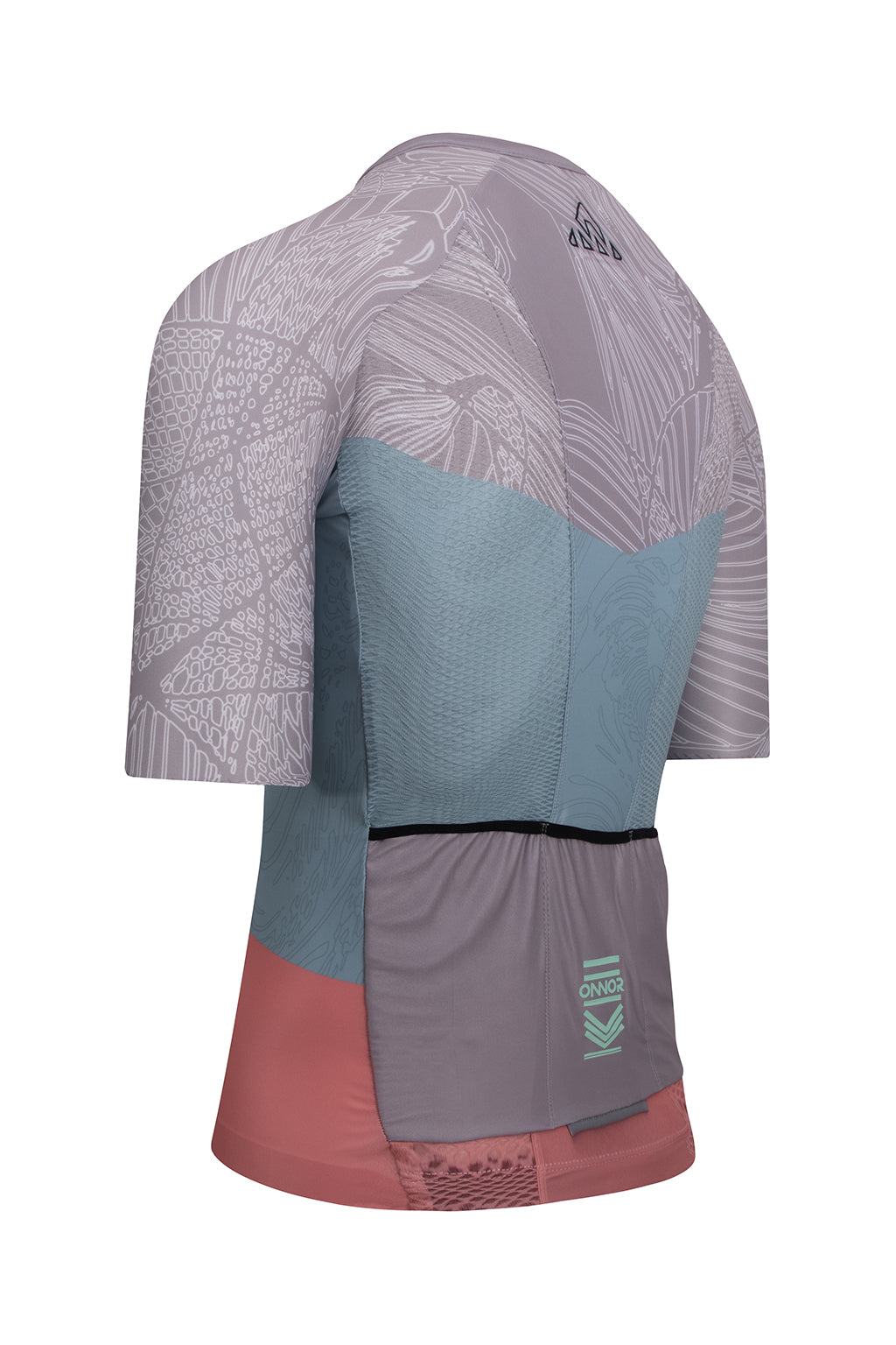 Focused image on the fabric texture of ONNOR's Men's Nut Pro Cycling Jersey Short Sleeve in light brown and salmon colors. Highlights the jersey's quality, breathability, and resilience, underlining the brand's commitment to crafting enduring, performance-boosting cycling wear.