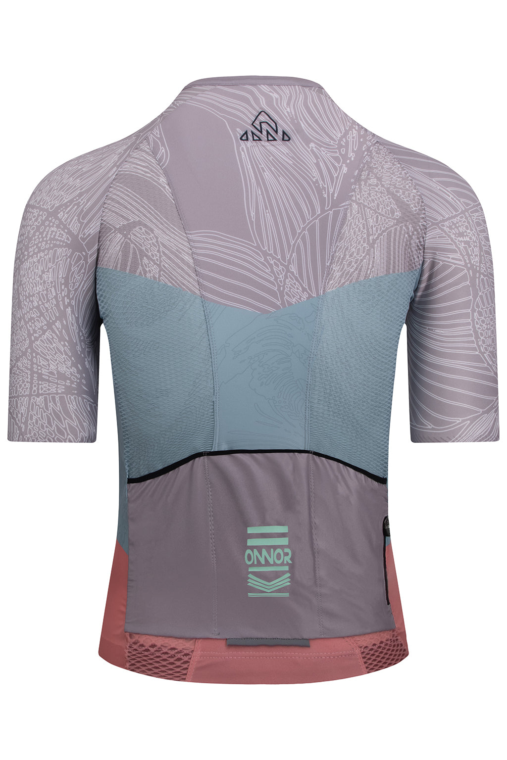 Rear view of the Men's Nut Pro Cycling Jersey Short Sleeve by ONNOR in light brown and salmon. Emphasizing the practical rear pockets and safety-conscious reflective details, the image embodies the brand's commitment to uniting functionality, safety, and fashion in their cycling attire.