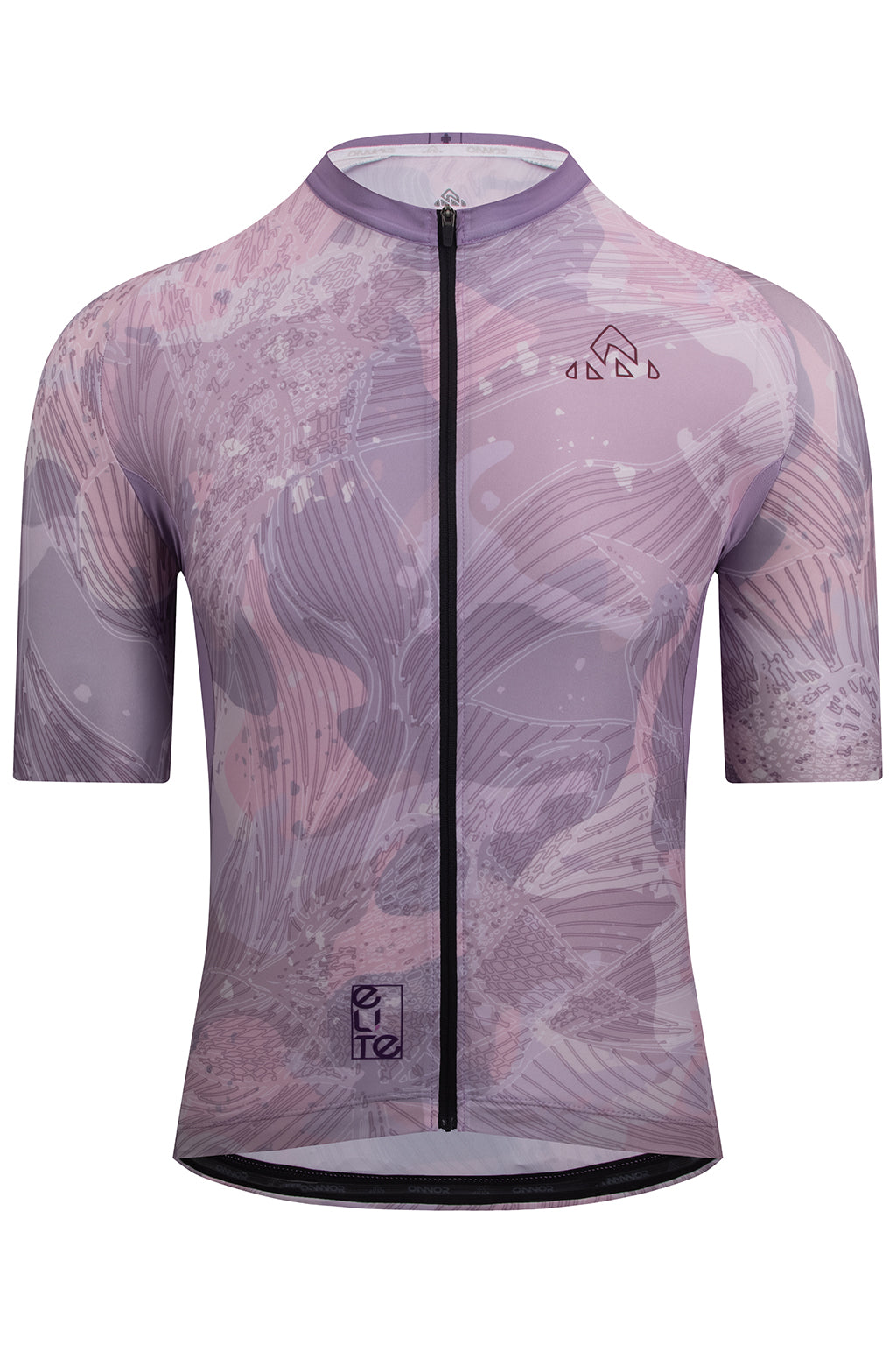 Front view of the Men's Shu Elite Cycling Jersey Short Sleeve in light purple and grey colors by ONNOR. This image showcases the jersey's contemporary design and ONNOR's steadfast commitment to exceptional quality. Created with the aim of augmenting cycling performance and style, the jersey is an embodiment of cutting-edge technology and fashion-forward design.