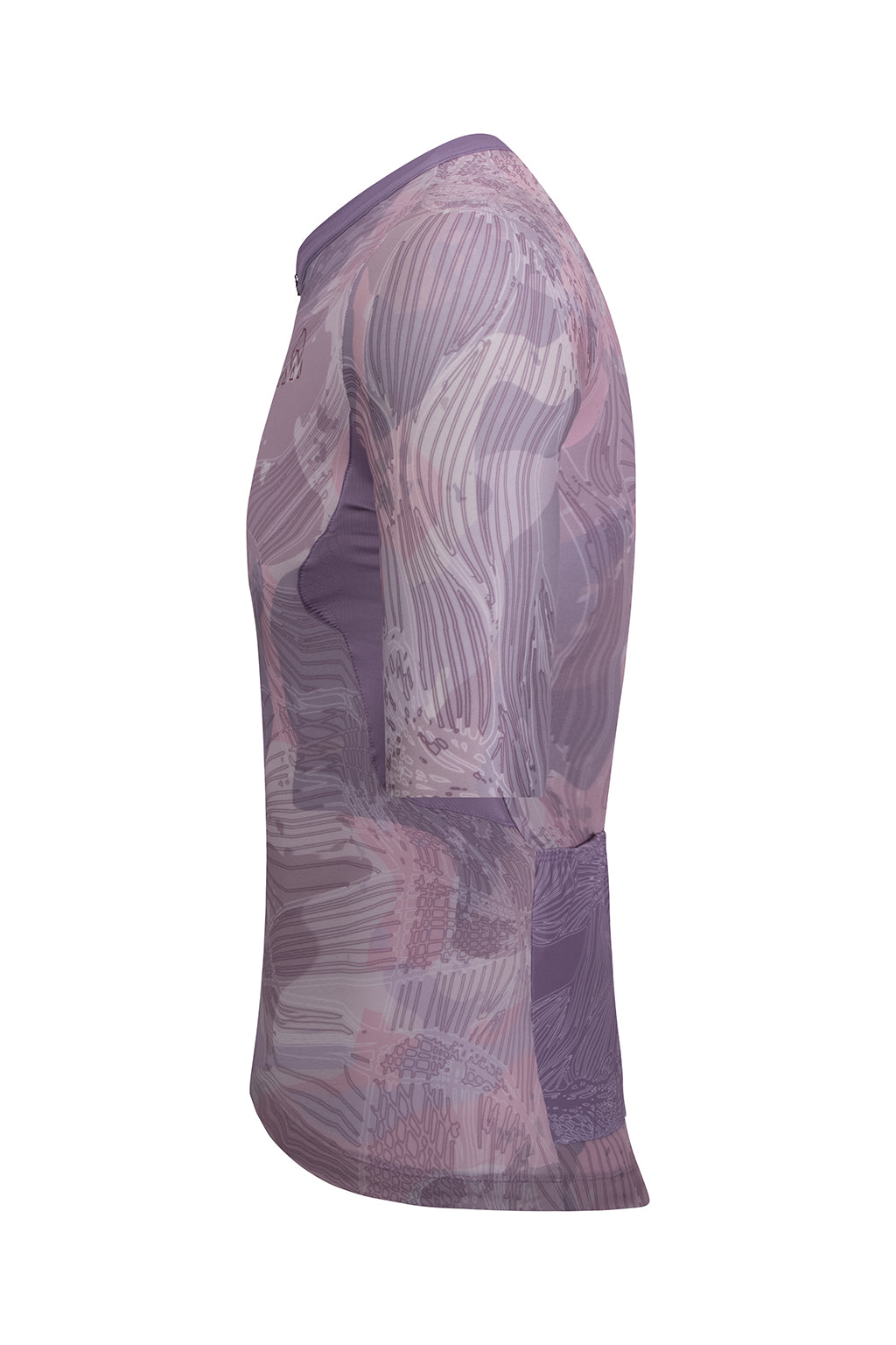 Side view of the light purple and grey Men's Shu Elite Cycling Jersey Short Sleeve from ONNOR. This image showcases the jersey's sleek silhouette and advanced design that merges innovative technology and fashion, resulting in a superior cycling experience. The unique color combination further sets the jersey apart, appealing to cyclists seeking style and performance.