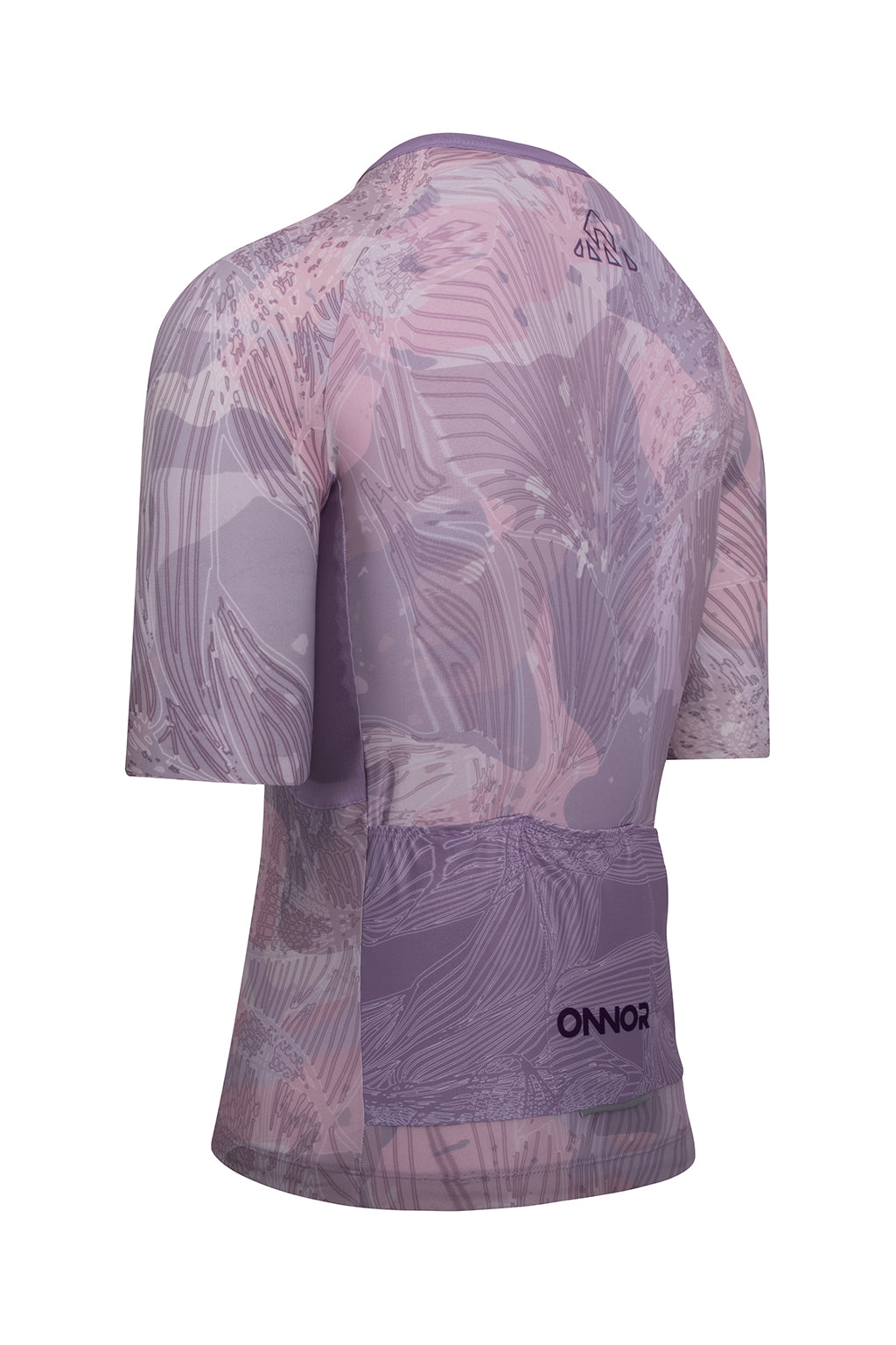 Focused image featuring the fabric texture of ONNOR's Men's Shu Elite Cycling Jersey Short Sleeve in light purple and grey colors. This shot accentuates the jersey's quality, breathability, and resilience, symbolizing the brand's commitment to crafting durable, performance-boosting cycling wear that stands the test of time and rigor.