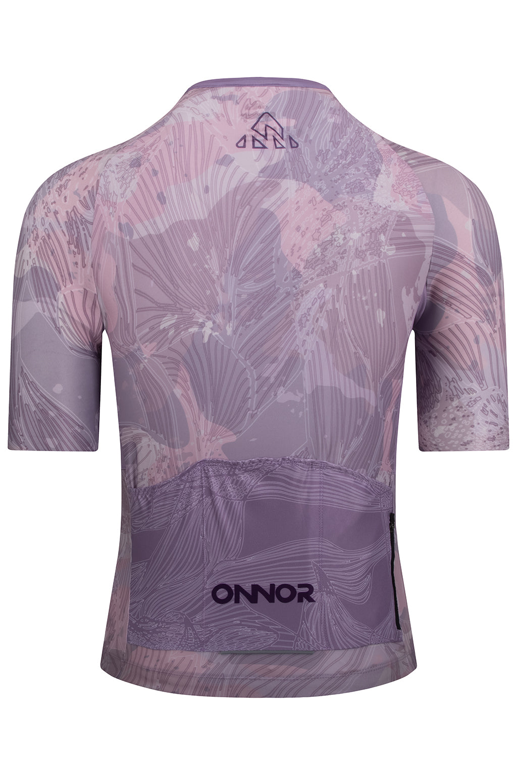 Rear view of the Men's Shu Elite Cycling Jersey Short Sleeve by ONNOR in light purple and grey. The image emphasizes the pragmatic rear pockets and reflective safety details, underscoring the brand's dedication to integrating functionality, safety, and fashion into their unique cycling wear. The jersey's striking colors and innovative design encapsulate ONNOR's vision of delivering superior cycling gear.