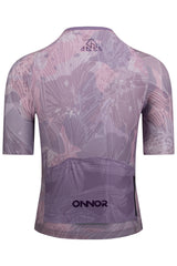 Rear view of the Men's Shu Elite Cycling Jersey Short Sleeve by ONNOR in light purple and grey. The image emphasizes the pragmatic rear pockets and reflective safety details, underscoring the brand's dedication to integrating functionality, safety, and fashion into their unique cycling wear. The jersey's striking colors and innovative design encapsulate ONNOR's vision of delivering superior cycling gear.