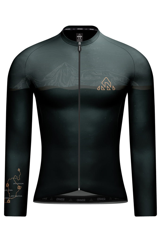 Men's SGC Elite Jersey Long Sleeve 2025 - men's black jerseys long sleeve - 6Gap Black cycling jersey with mountain design on a white background