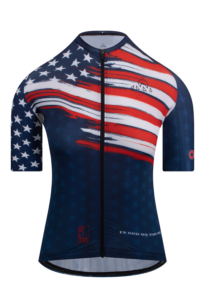 Women's Elite Cycling Jersey Short Sleeve - USA Flag - Blue Red - women's blue / red jerseys short sleeve - Front view of the Women's American Pride 2023 Elite Cycling Jersey Short Sleeve in blue and red, adorned with the United States flag, by ONNOR. The image showcases the jersey's eye-catching design and ONNOR's commitment to exceptional quality, merging cutting-edge technology and unique style to create a piece symbolizing national pride and cycling passion.