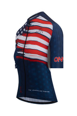 Close-up image of the ONNOR logo on the Women's American Pride 2023 Elite Cycling Jersey Short Sleeve in blue and red, designed with the United States flag. This photo represents ONNOR's unwavering commitment to providing performance-oriented, fashionable cycling gear that exudes comfort, style, and a sense of national unity.