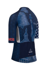 High-definition image of the blue and red Women's American Pride 2023 Elite Cycling Jersey Short Sleeve by ONNOR, imprinted with the United States flag. The image reveals ONNOR's approach to integrating vibrant color schemes, superior quality, and national symbolism into their cycling gear, promising a compelling blend of style and quality.