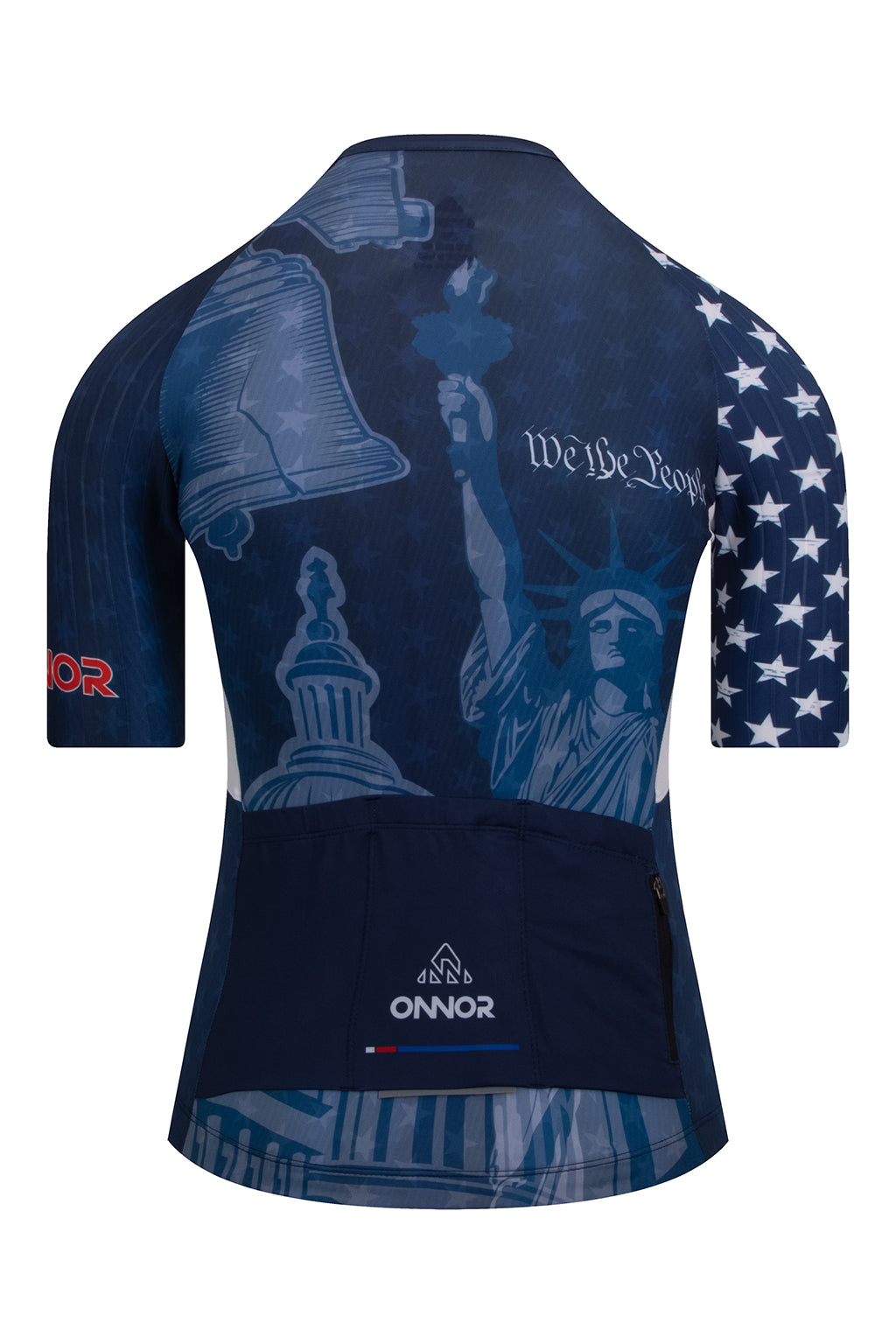 Rear view of the Women's American Pride 2023 Elite Cycling Jersey Short Sleeve by ONNOR in blue and red, featuring the United States flag. The picture underlines the jersey's practical rear pockets and safety-enhancing reflective details, highlighting ONNOR's commitment to combining utility, safety, and patriotic style in a top-tier cycling garment.