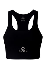 Black women's athletic top with champagne logos, presented front and center, on a white background for clear viewing of the fitness design.