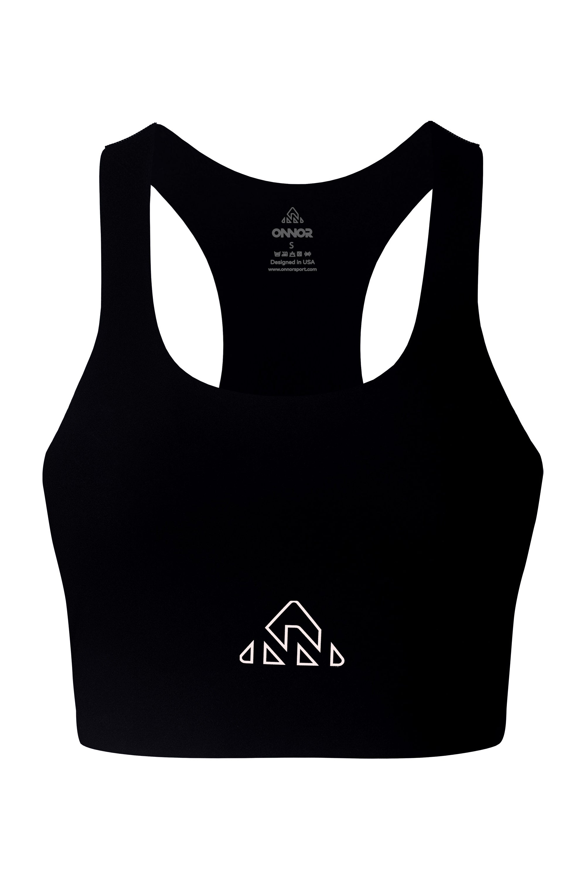 Black women's athletic top with champagne logos, presented front and center, on a white background for clear viewing of the fitness design.