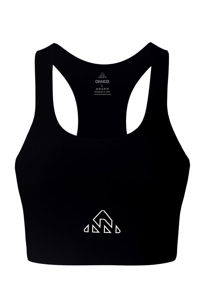 Women's Black PRO Running Top - women's black/champagne running top - Black women's athletic top with champagne logos, presented front and center, on a white background for clear viewing of the fitness design.