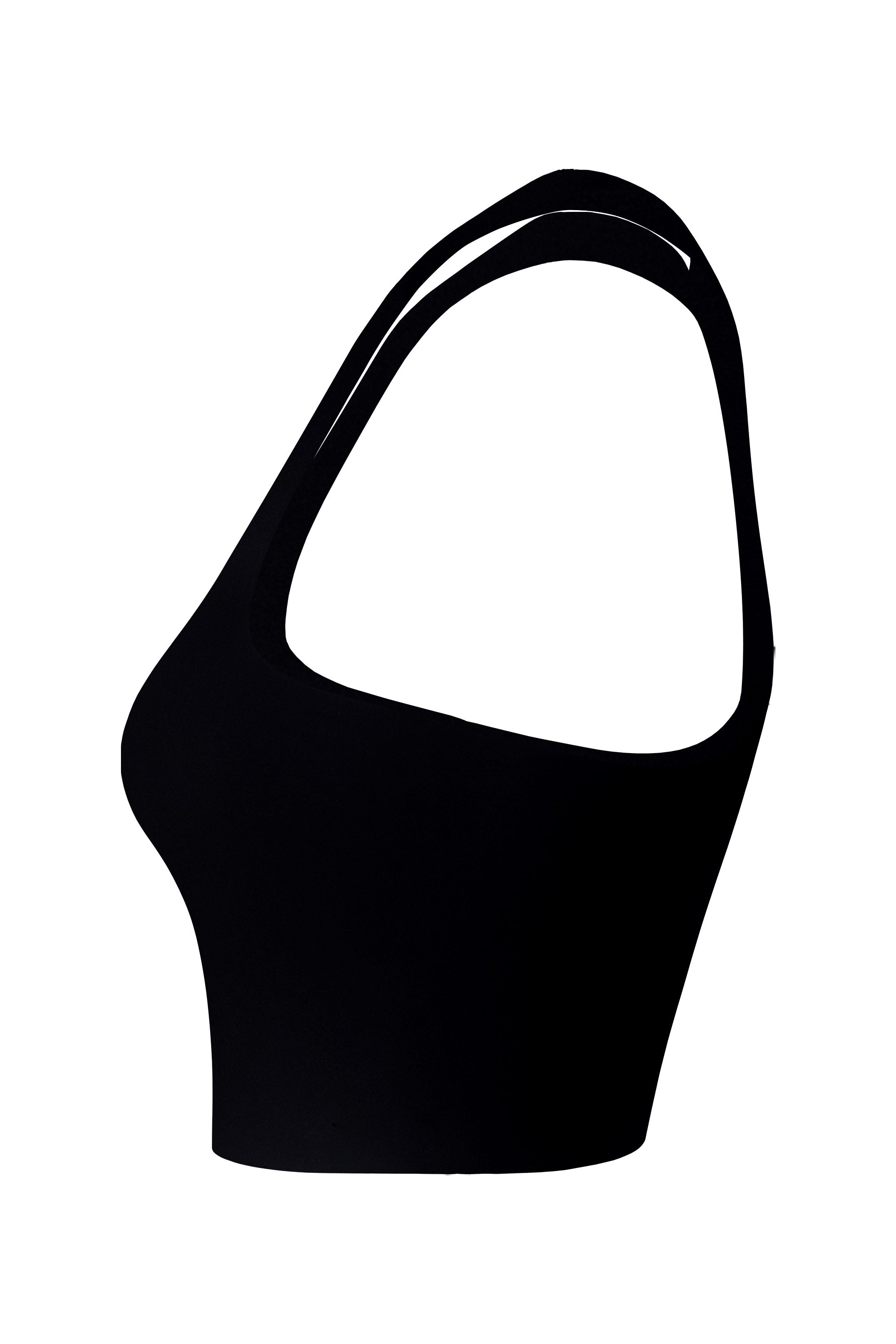 Pure side profile of a black women's athletic top with champagne logo detailing, set against a stark white background to emphasize the silhouette.