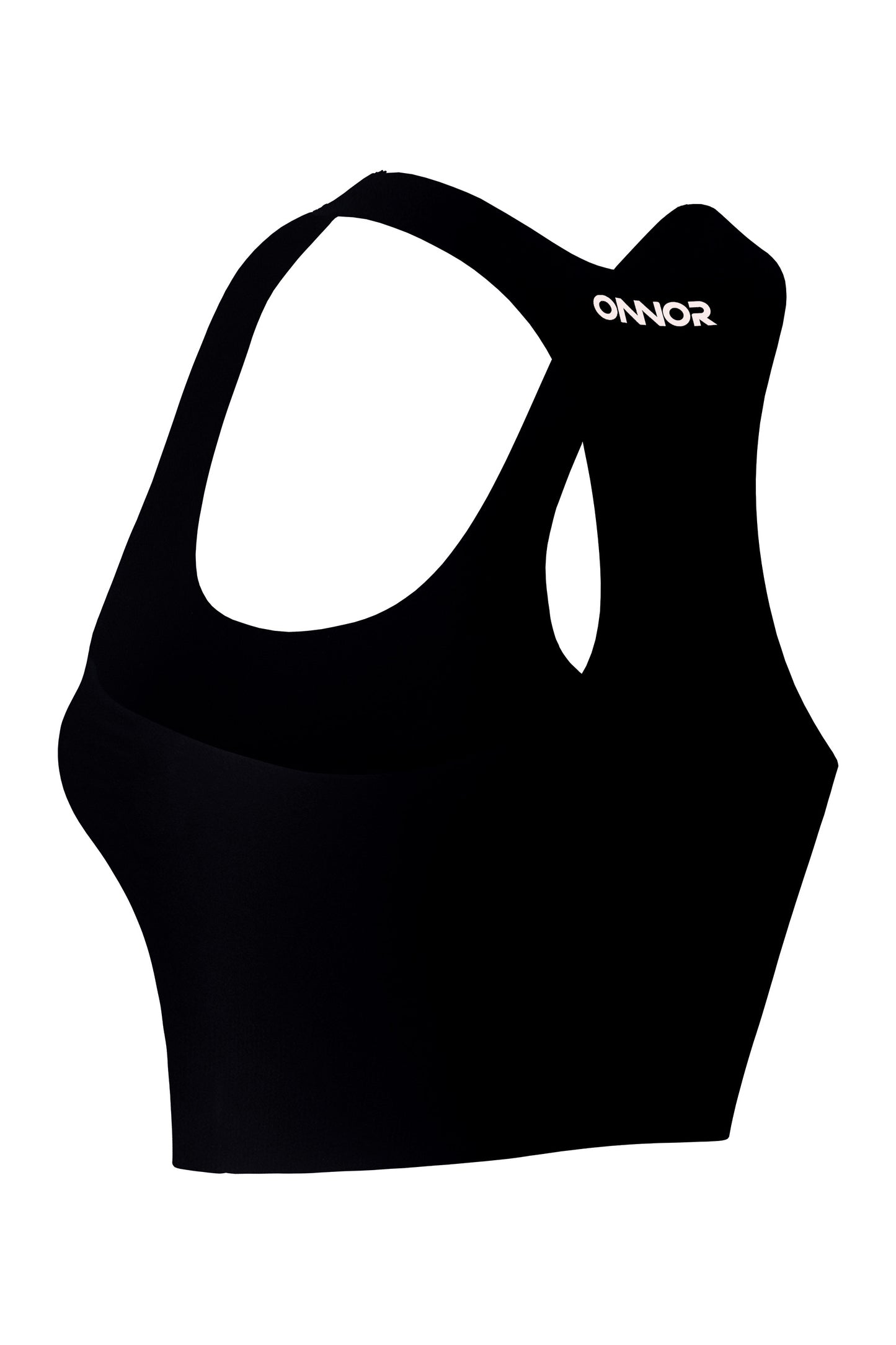 Women's black fitness top with champagne logos, captured from a back-side angle, showcasing the design's curvature on a white background.