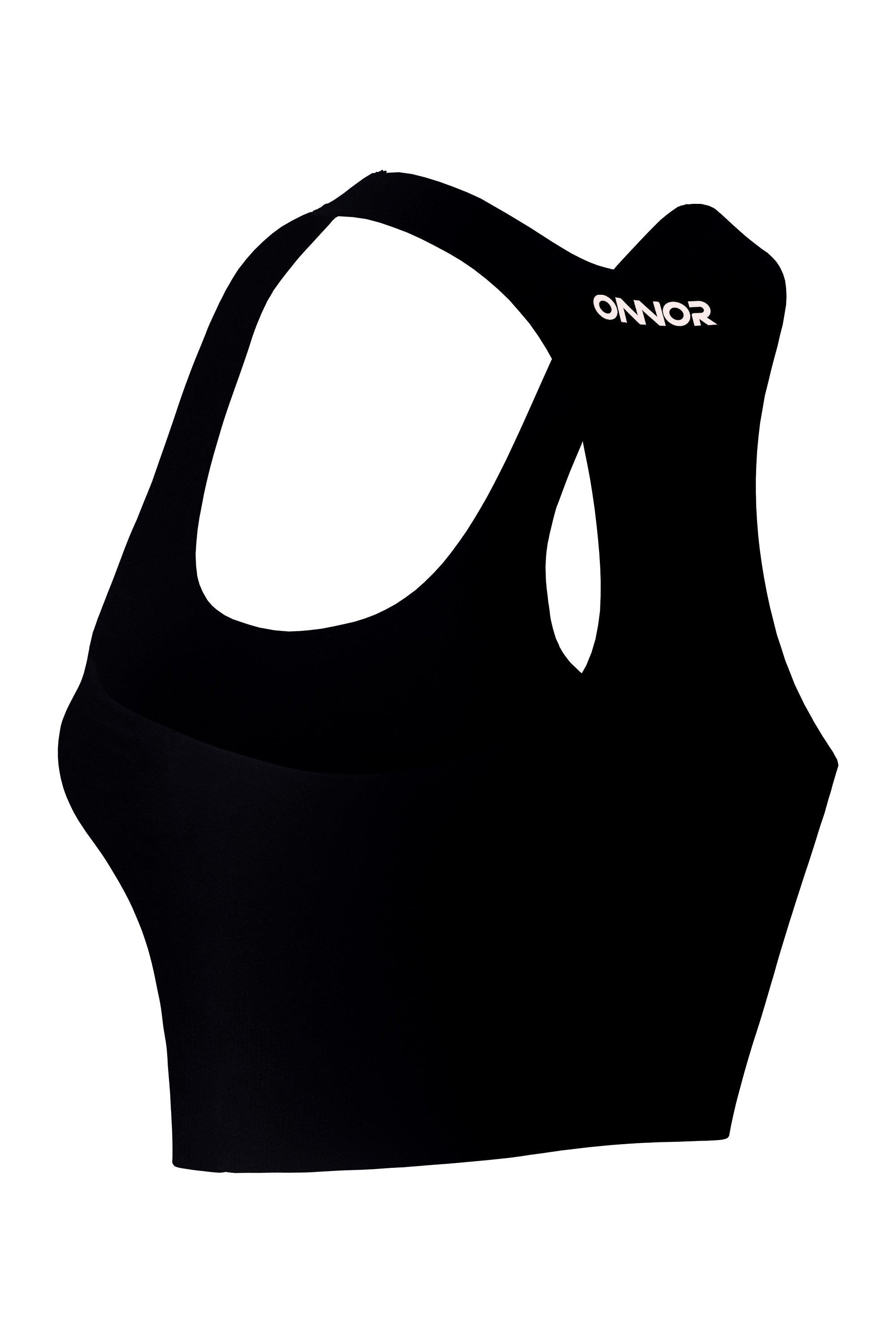 Women's black fitness top with champagne logos, captured from a back-side angle, showcasing the design's curvature on a white background.