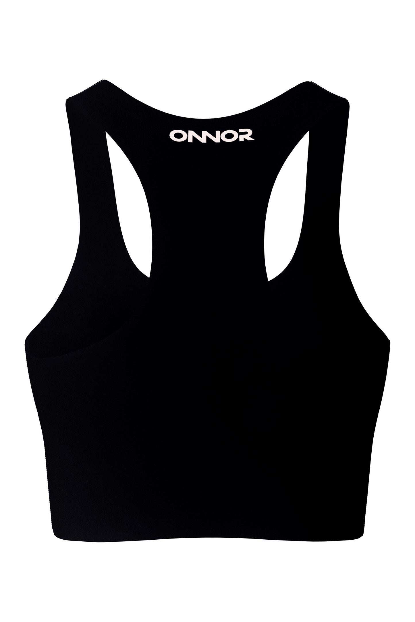 Rear view of a sleek black women's top, designed for athletics and fitness, with champagne logos, against a white backdrop to detail the back design.
