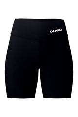 Front view of black women's shorts with a top back pocket featuring a zipper. The image displays the shorts' sleek black design, highlighting their elegant front appearance and comfortable fit.