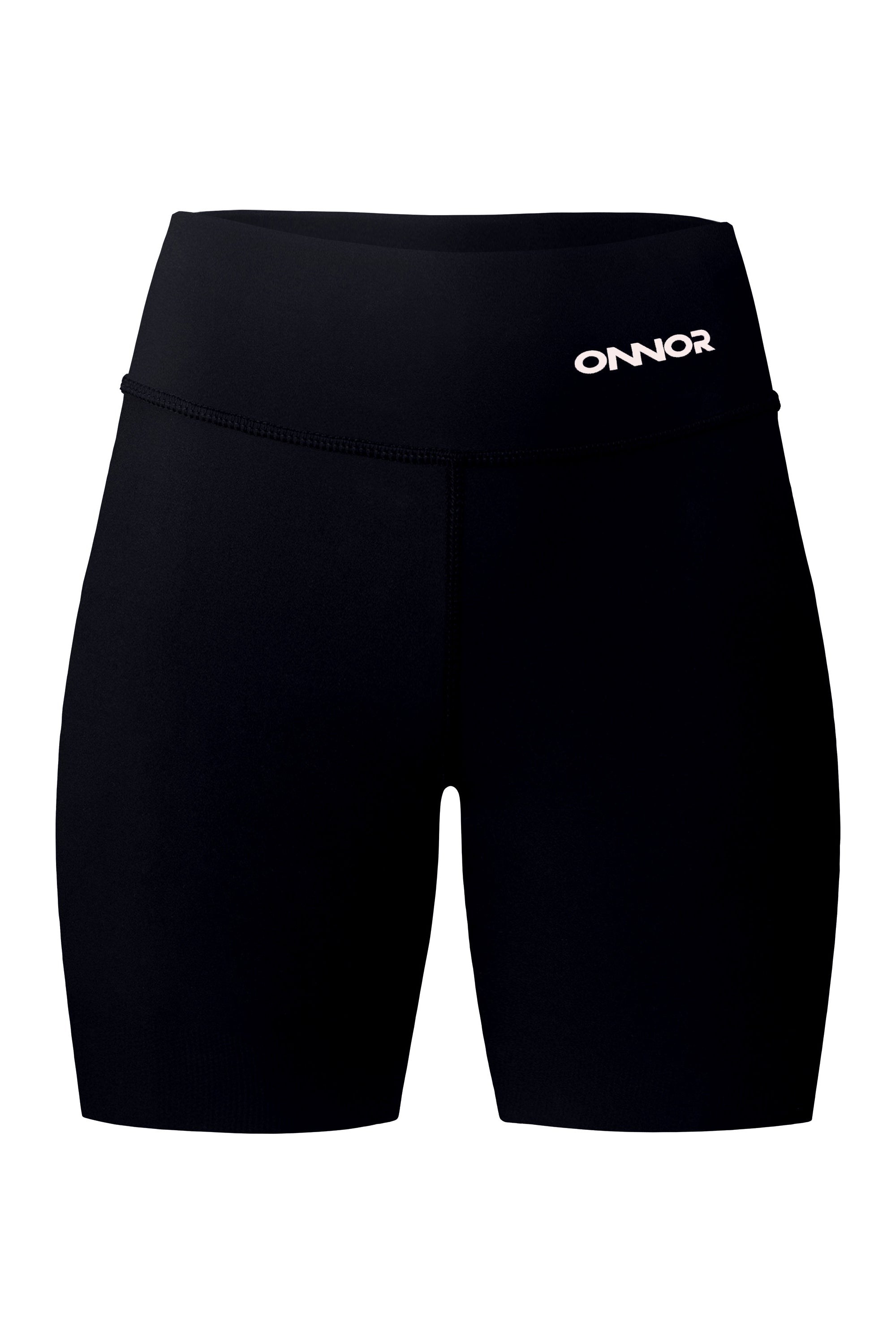 Front view of black women's shorts with a top back pocket featuring a zipper. The image displays the shorts' sleek black design, highlighting their elegant front appearance and comfortable fit.