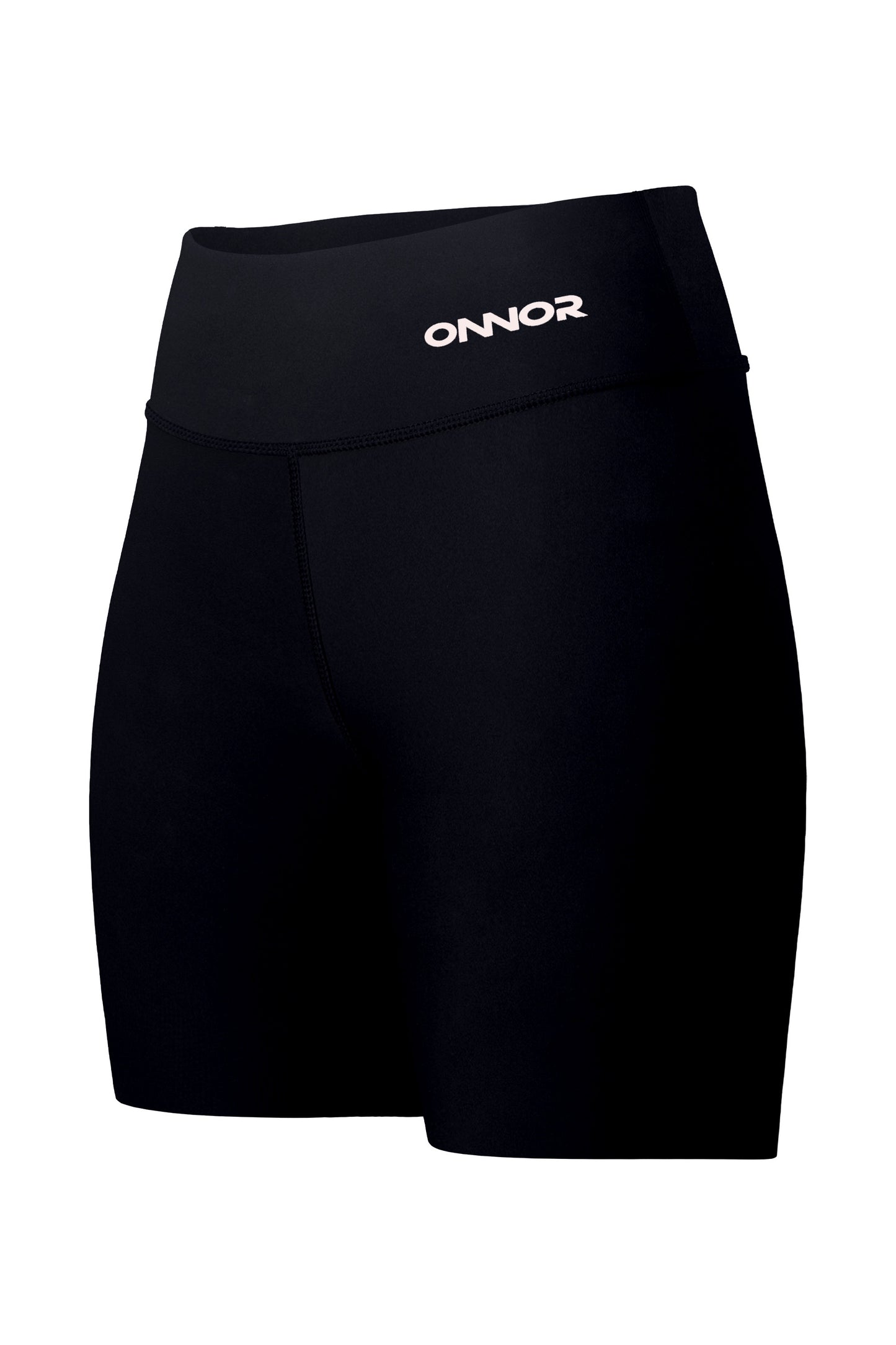 Diagonal front-side view of women's black shorts with a zipper pocket on the top back. This perspective showcases the shorts' chic design, blending both front and side views.