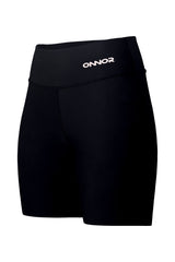 Diagonal front-side view of women's black shorts with a zipper pocket on the top back. This perspective showcases the shorts' chic design, blending both front and side views.