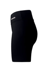Side view of the black women's shorts, focusing on the streamlined silhouette and the top back pocket with zipper. The image accentuates the shorts' stylish side profile and practical pocket design.
