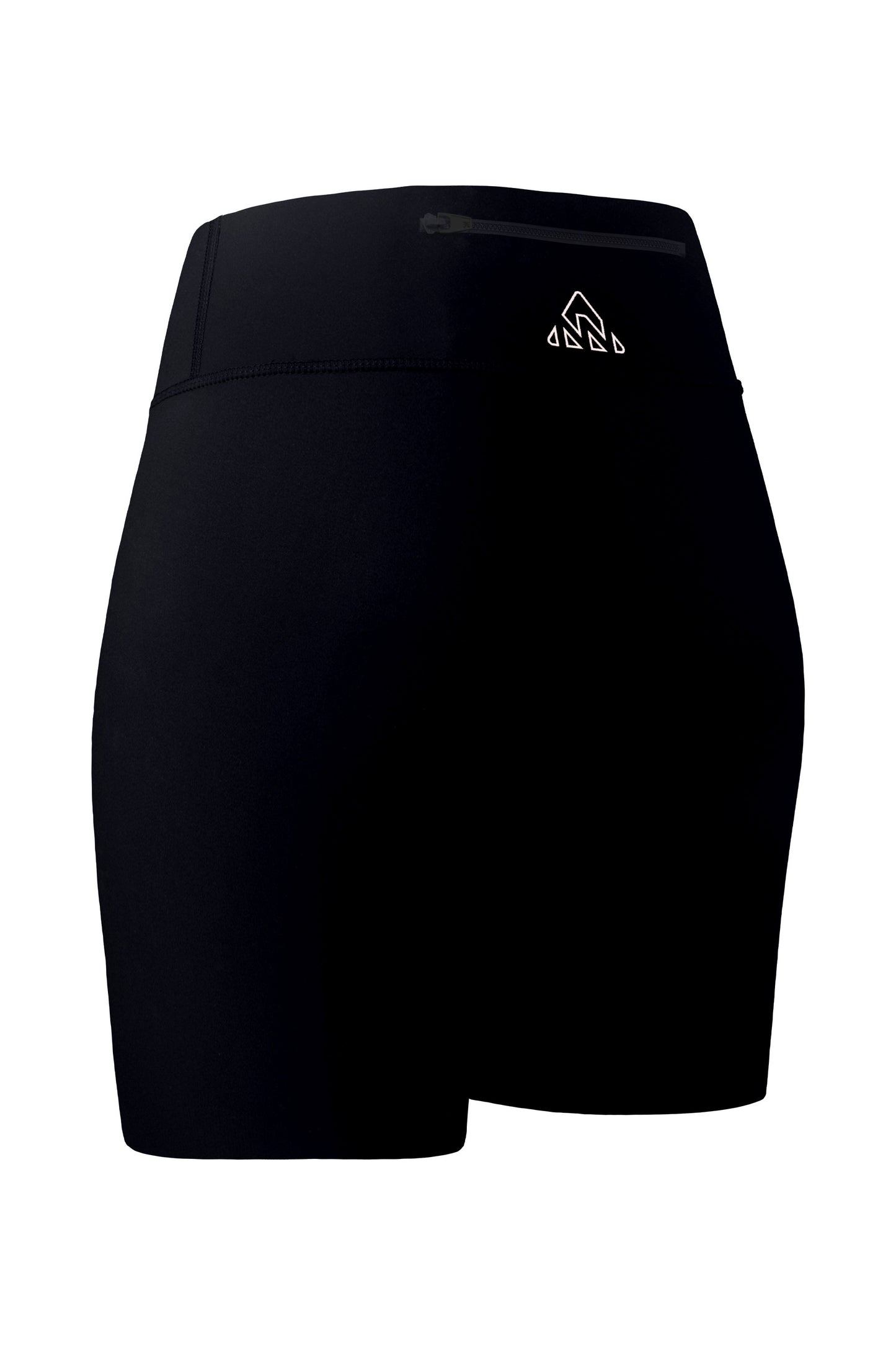 Back-side view of women's black shorts, highlighting the upper back pocket with a zipper. The angle offers a detailed view of the shorts' rear design and the functionality of the back pocket.