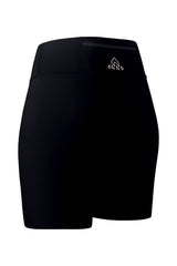Back-side view of women's black shorts, highlighting the upper back pocket with a zipper. The angle offers a detailed view of the shorts' rear design and the functionality of the back pocket.