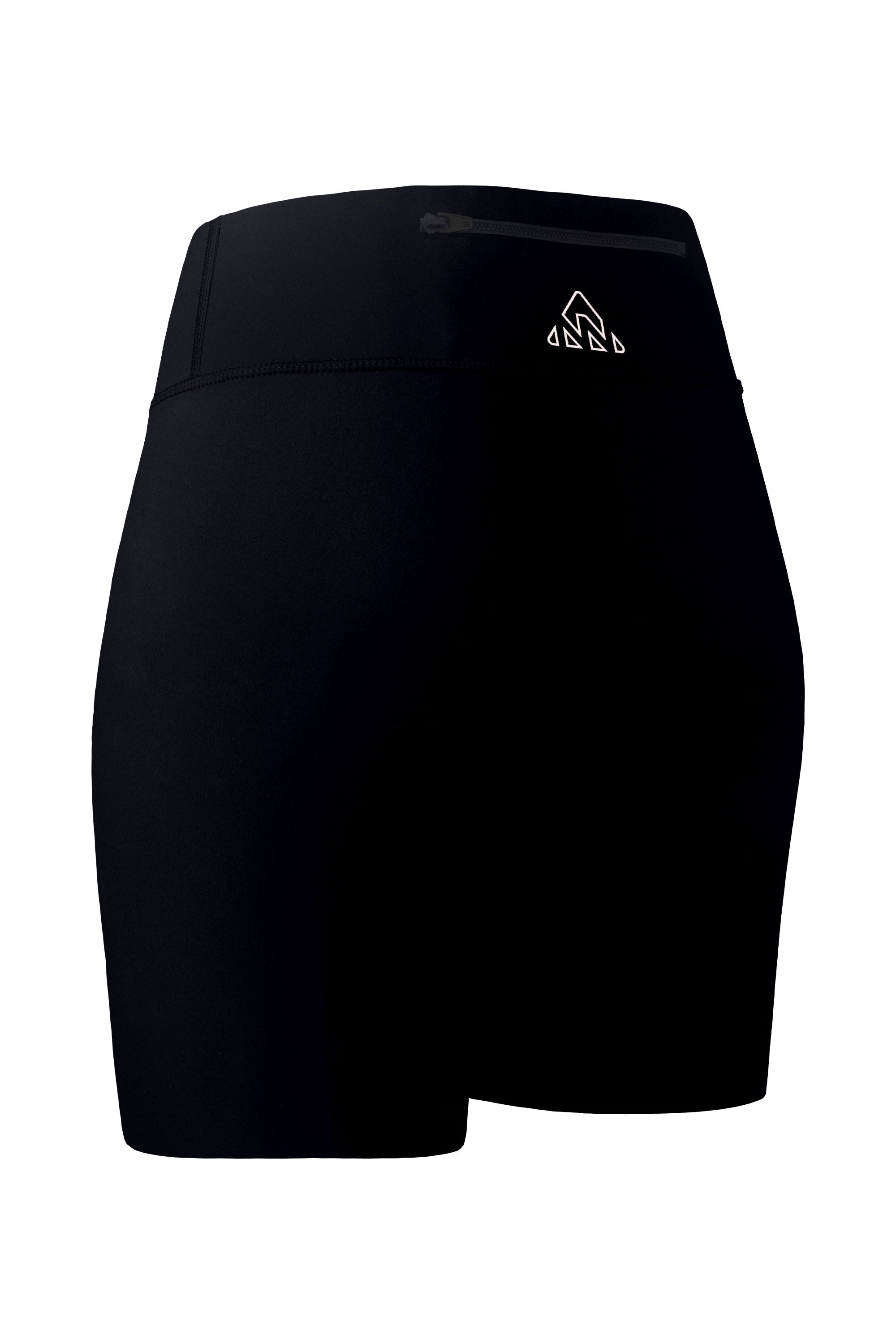 Back-side view of women's black shorts, highlighting the upper back pocket with a zipper. The angle offers a detailed view of the shorts' rear design and the functionality of the back pocket.