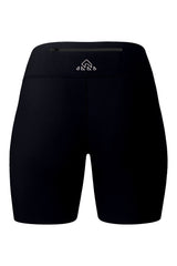 Rear view of women's black shorts, emphasizing the top back pocket with zipper. This image clearly showcases the shorts' sophisticated back design and the pocket's practicality.