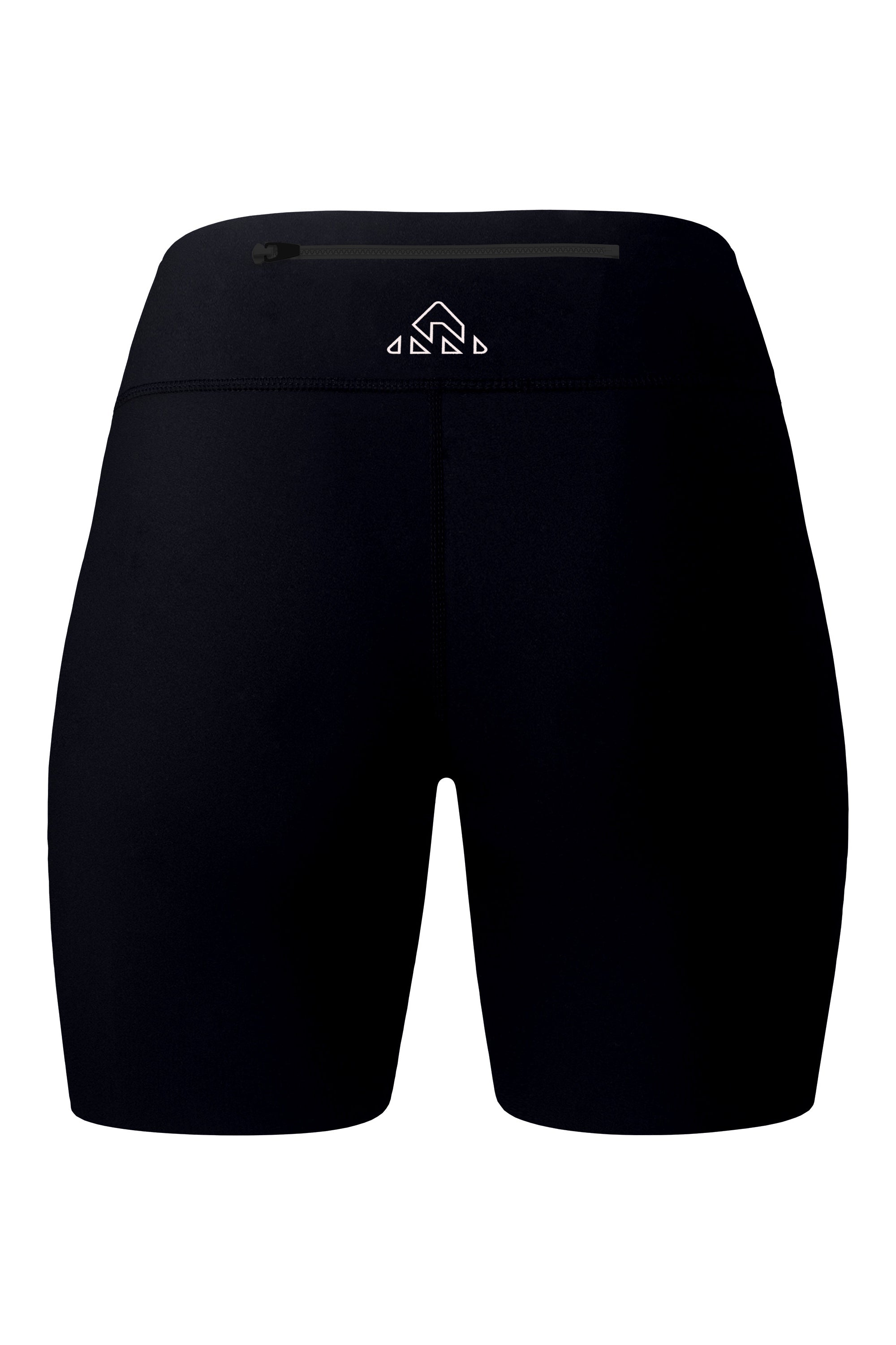 Rear view of women's black shorts, emphasizing the top back pocket with zipper. This image clearly showcases the shorts' sophisticated back design and the pocket's practicality.